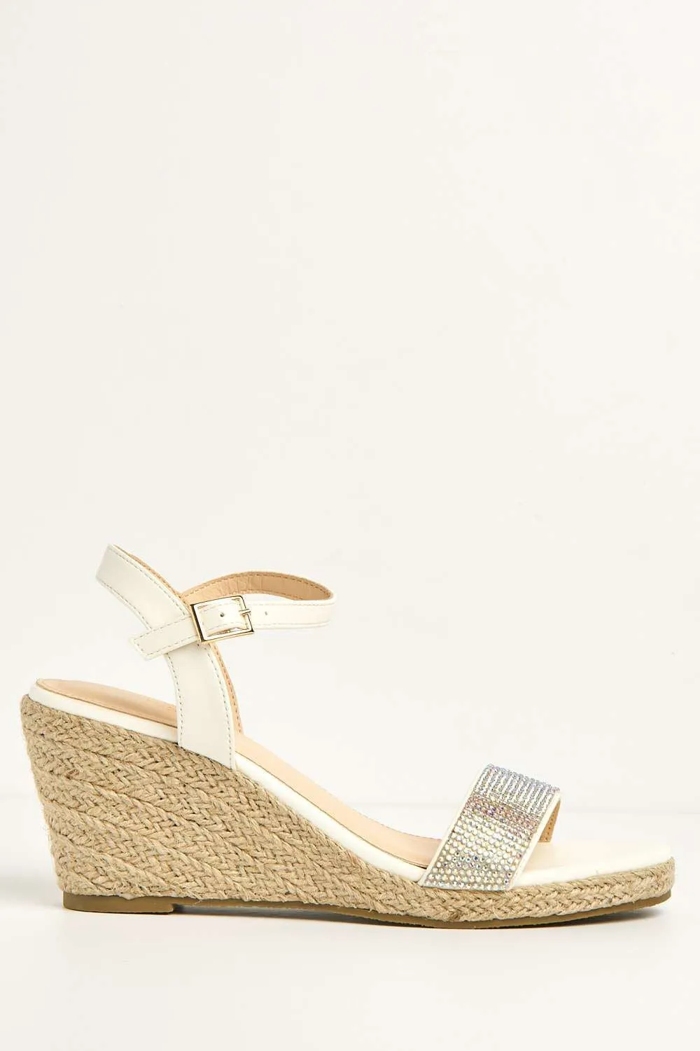 Adriel Diamante Embellished Band Anklestrap Wedges in White