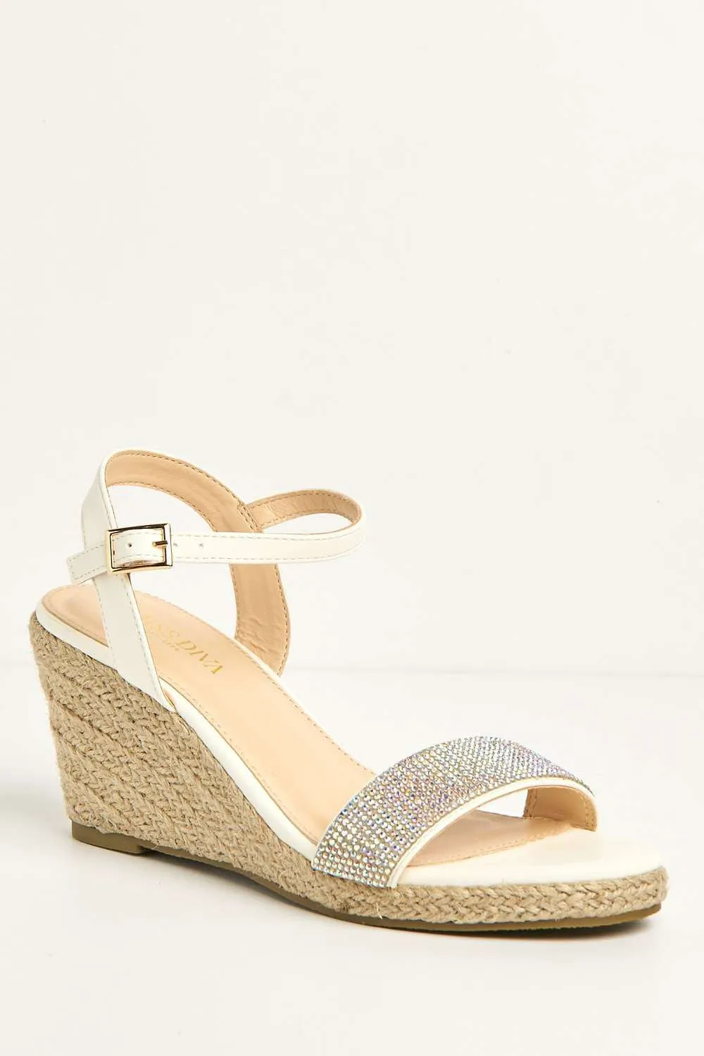 Adriel Diamante Embellished Band Anklestrap Wedges in White