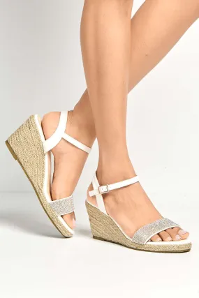 Adriel Diamante Embellished Band Anklestrap Wedges in White