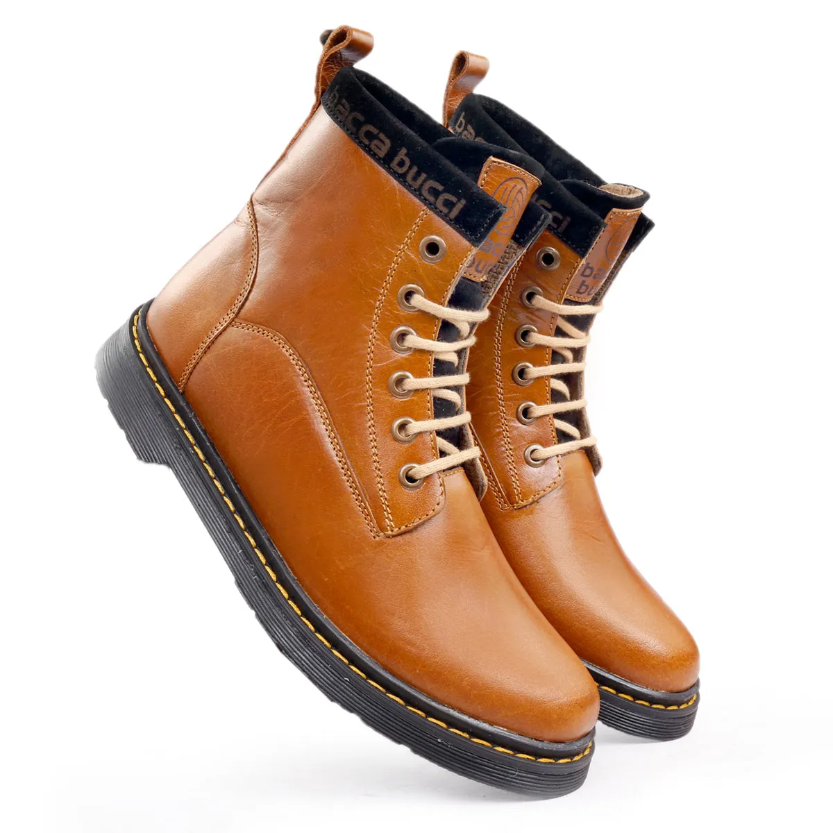 Bacca Bucci 6-Eye Combat Boots | Genuine Smooth Leather Moto Inspired High Top Ankle Boots