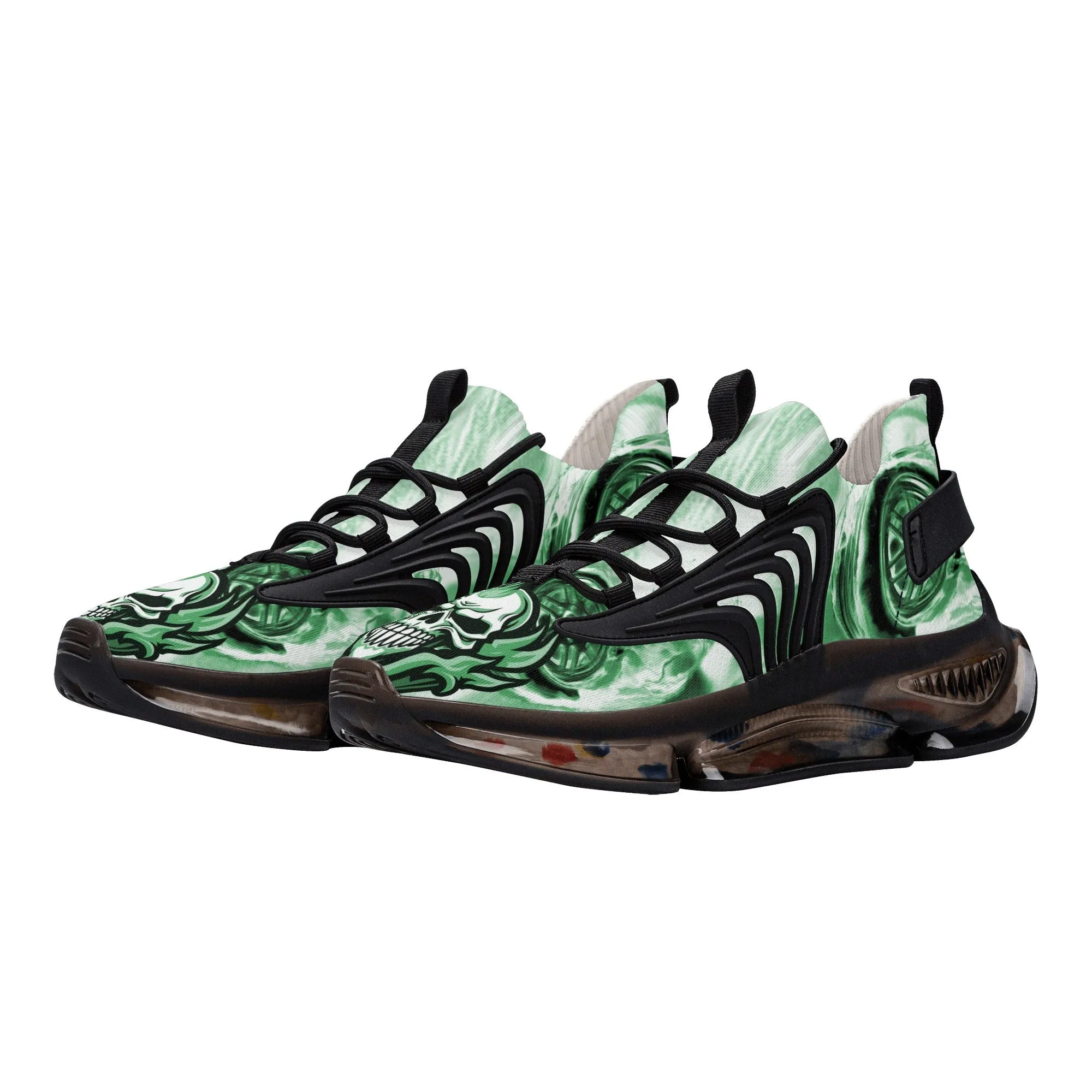 Best Womens Max Air Heel React Sneakers - Green Flaming Skull & Wheels HeroicU