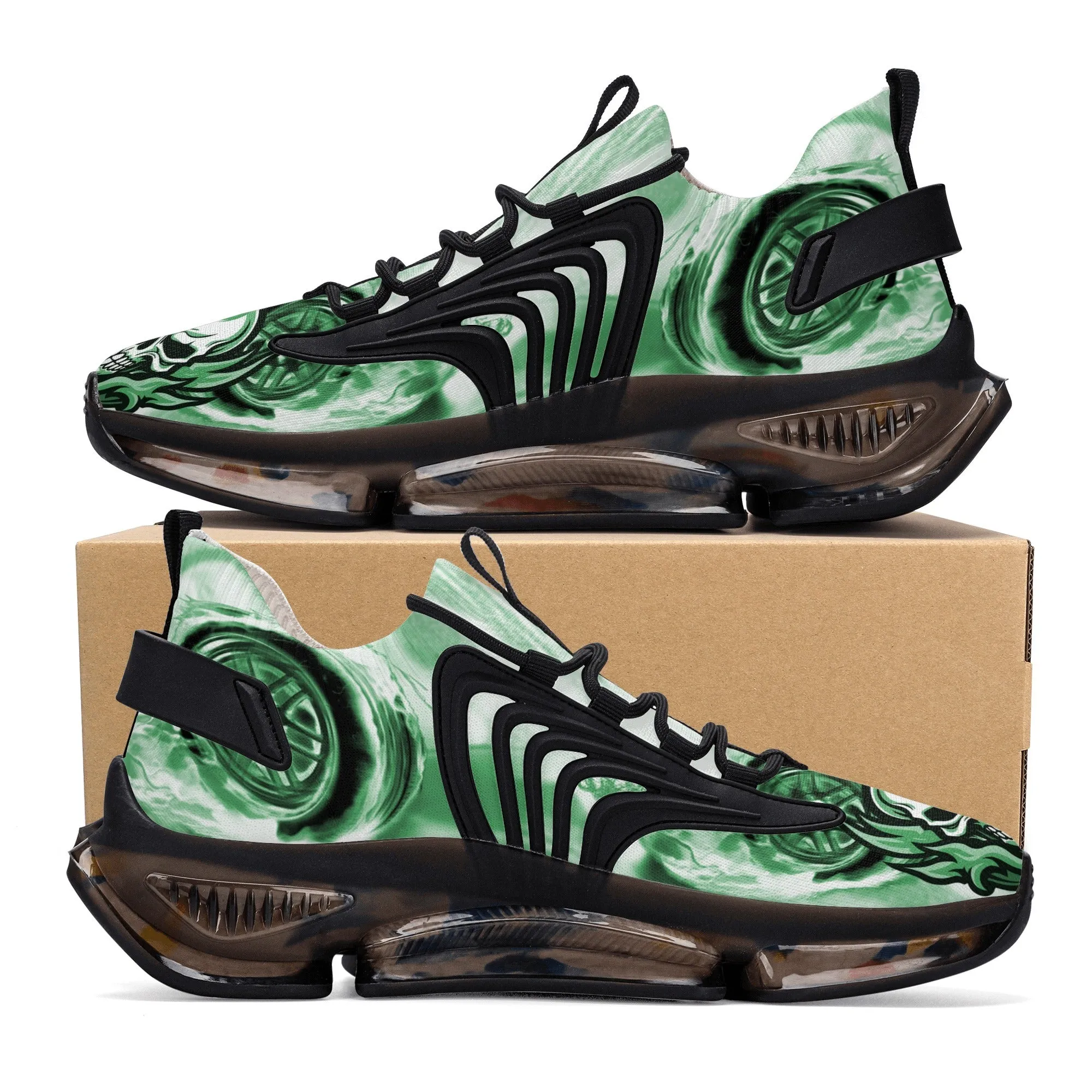 Best Womens Max Air Heel React Sneakers - Green Flaming Skull & Wheels HeroicU