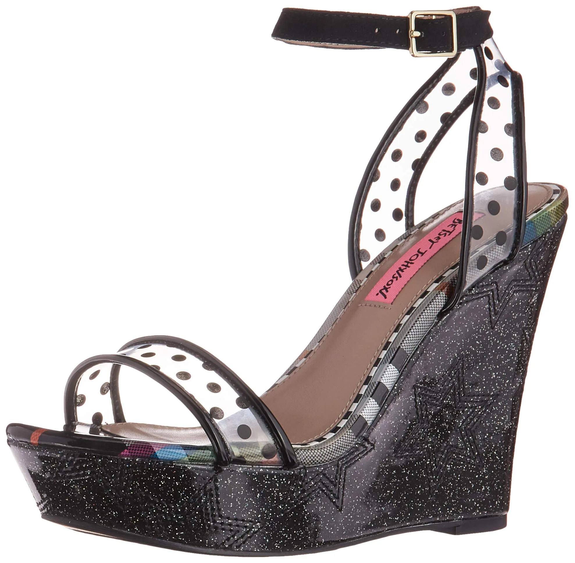 Betsey Johnson Charissa Black Multi Fashion Ankle Strap Open Toe Wedge Sandals