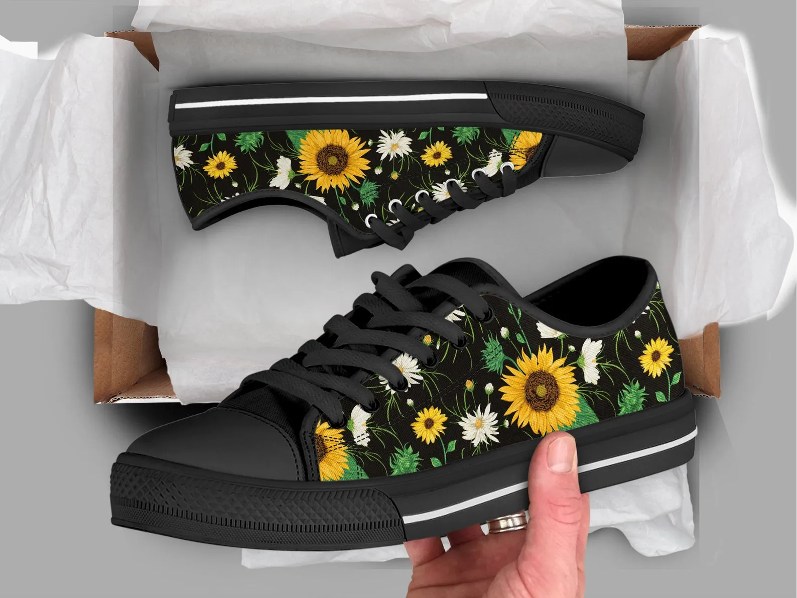 Black Sunflower Shoes Sunflower Sneakers Cute Shoes Sunflower Lover Gifts Custom Low Top Converse Style Sneakers For Adults Women & Men