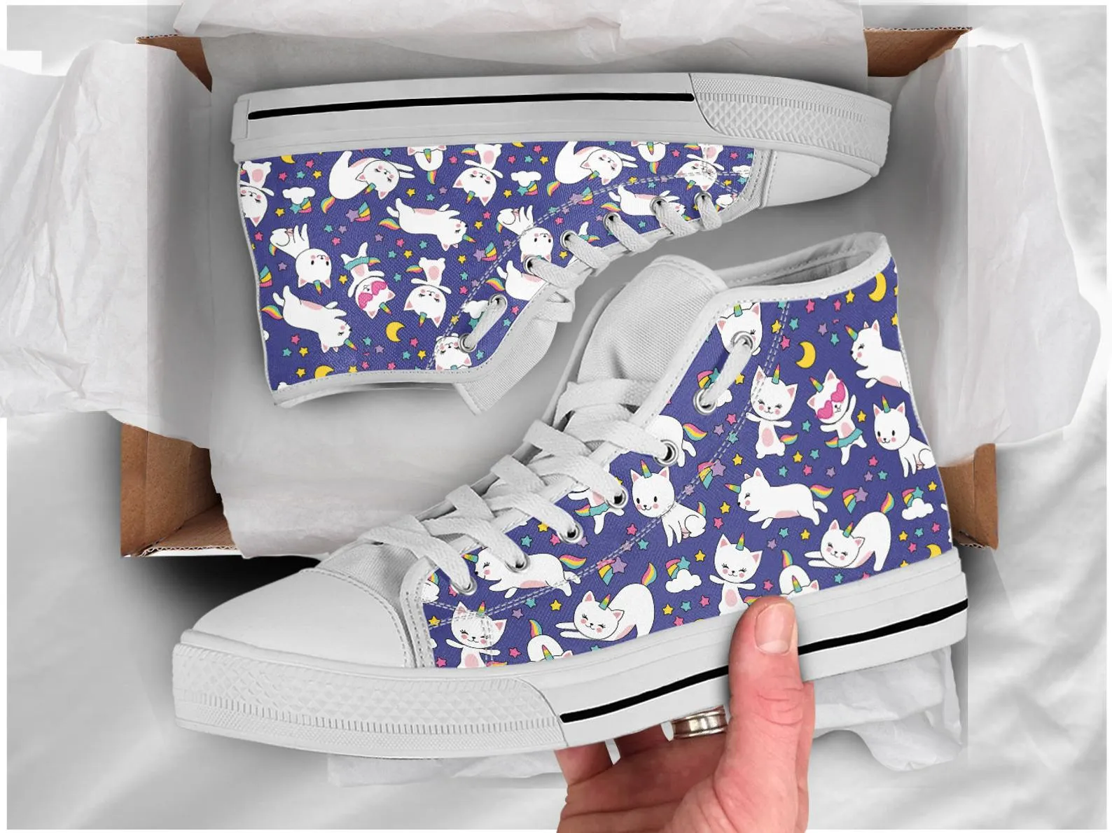 Blue Cat Shoes Cat Sneakers Cat Print Pattern Cute Shoes Cat Lover Gifts Custom High Top Converse Style Sneakers For Adults Women & Men