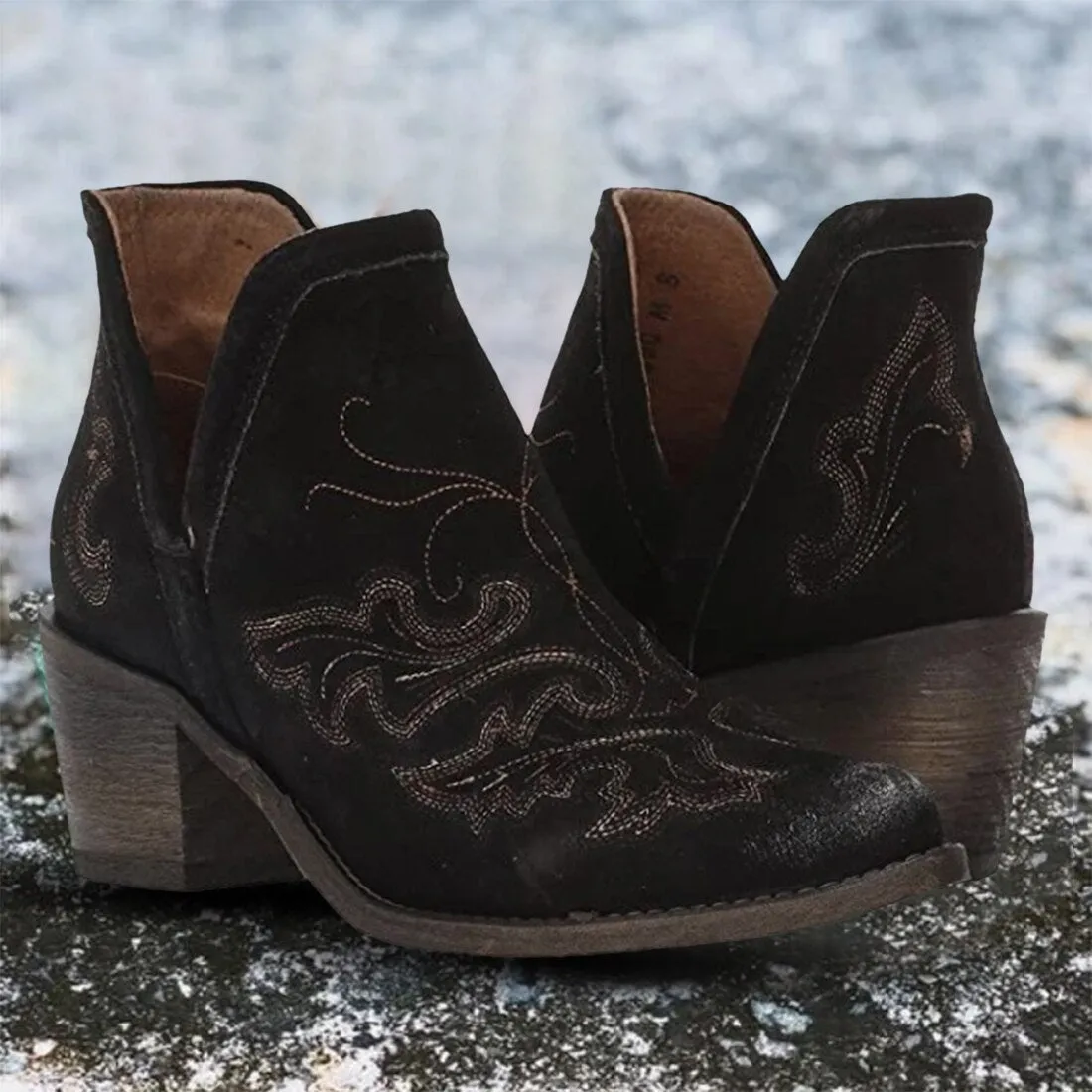 Brown Cowgirl Booties With Patina Soles Or Choose Black With Black Western Embroidery Pattern Slip On Shorty Cowboy Boots For Ladies In Vegan Leather