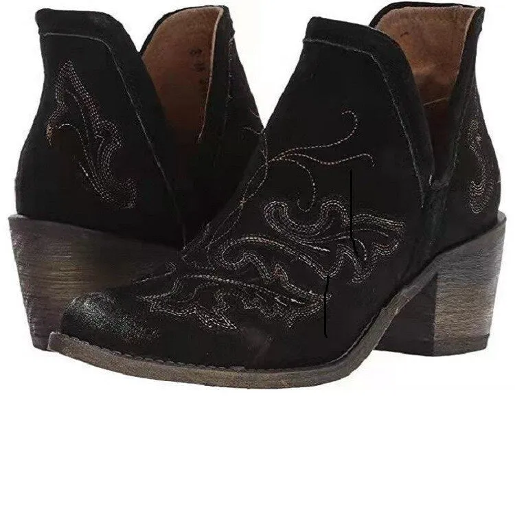 Brown Cowgirl Booties With Patina Soles Or Choose Black With Black Western Embroidery Pattern Slip On Shorty Cowboy Boots For Ladies In Vegan Leather