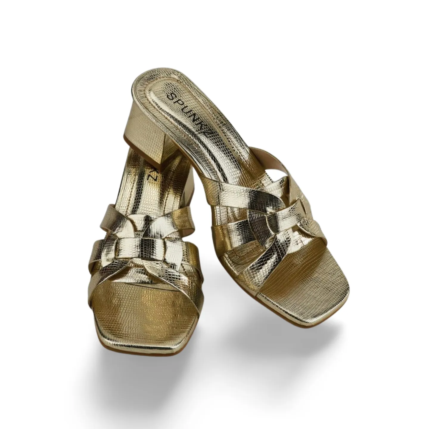 Chic Gold Cross-Strap Sandals with Square Toe and Block Heel