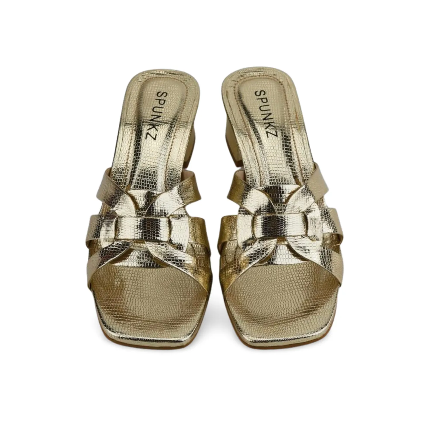 Chic Gold Cross-Strap Sandals with Square Toe and Block Heel