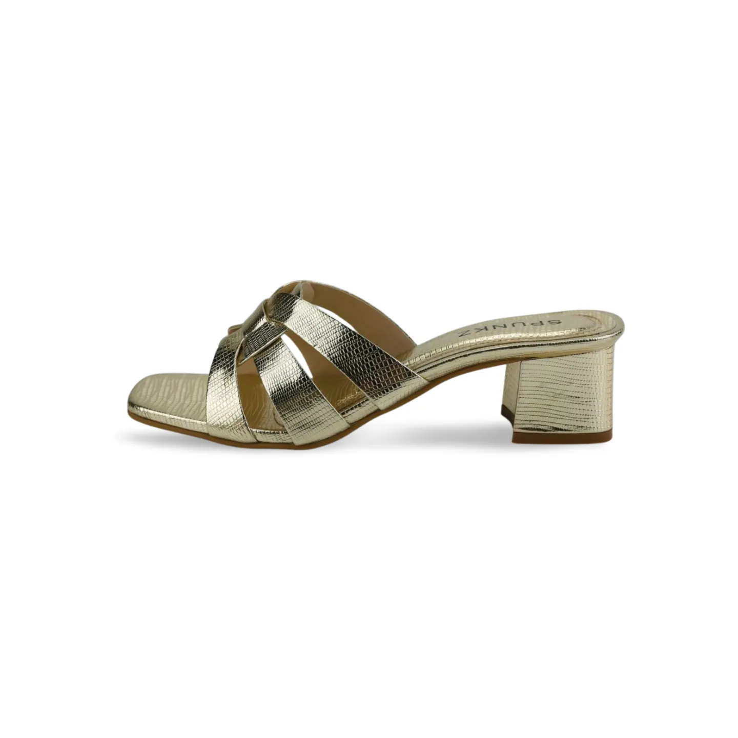 Chic Gold Cross-Strap Sandals with Square Toe and Block Heel