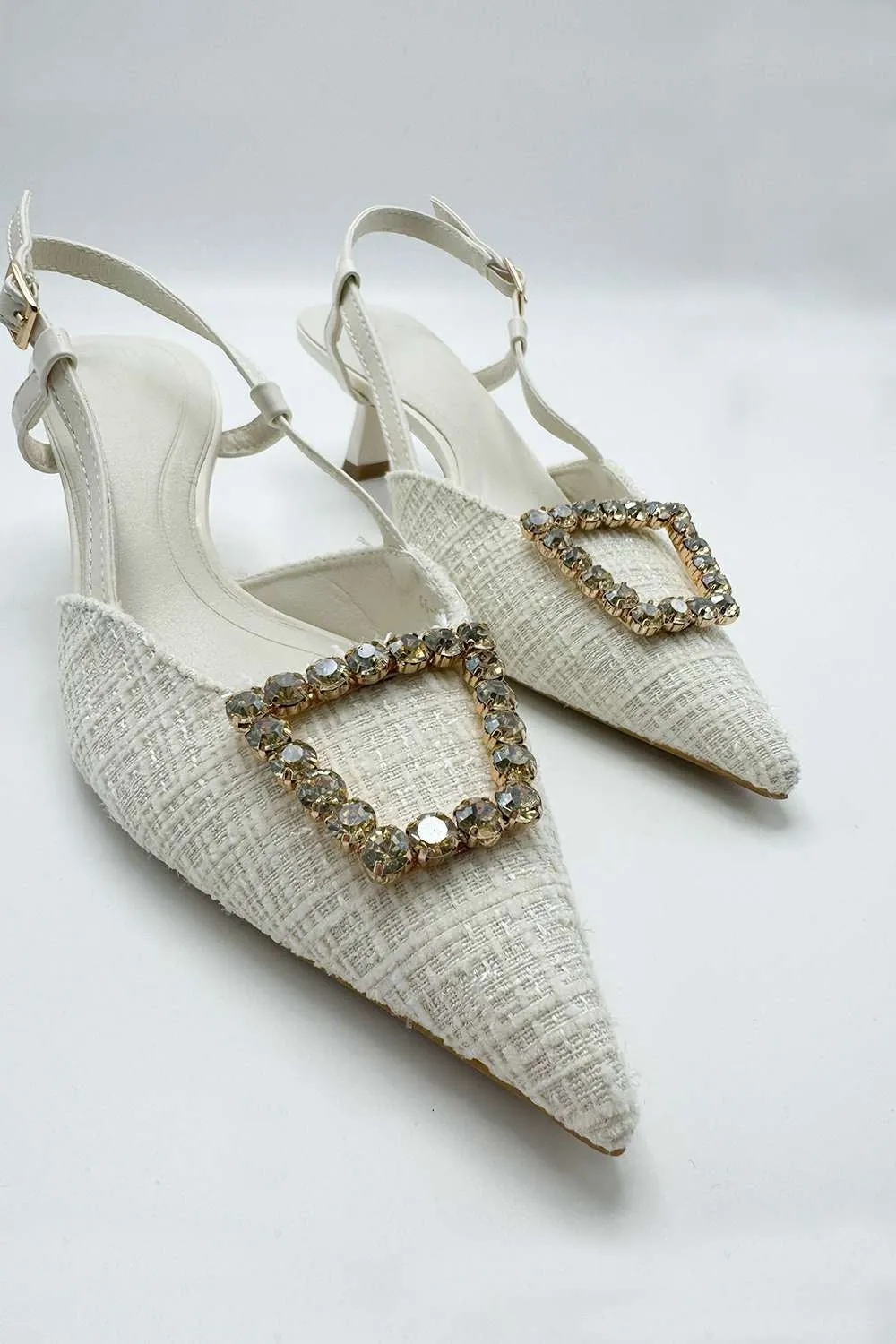 Clarrine Diamante Brooch Detail Pointed Toe Court Shoes in Beige