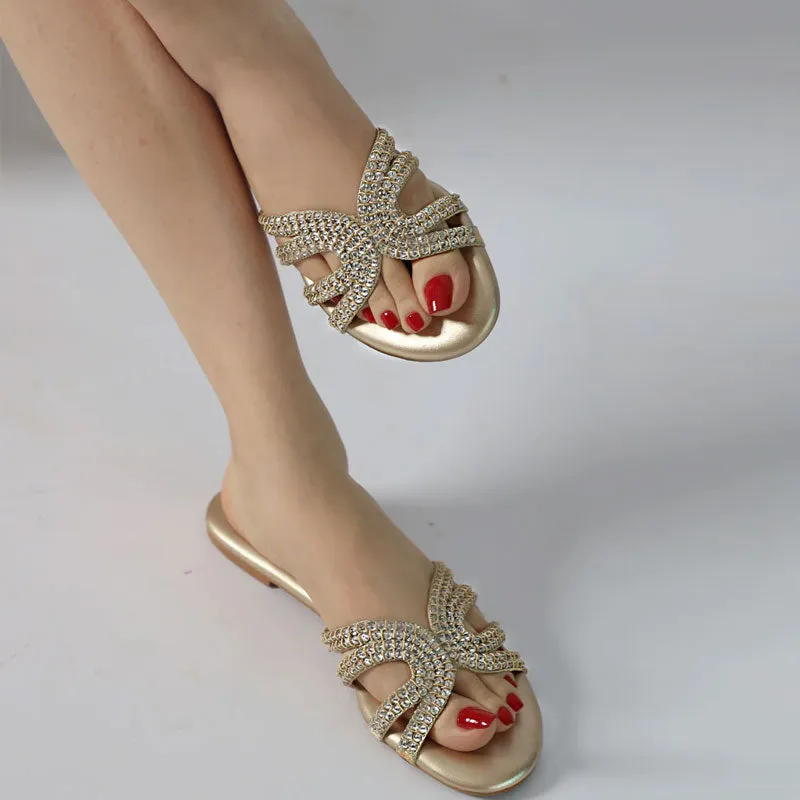 Crystal Silver Embellishment Strap Ladies Flat Slipper