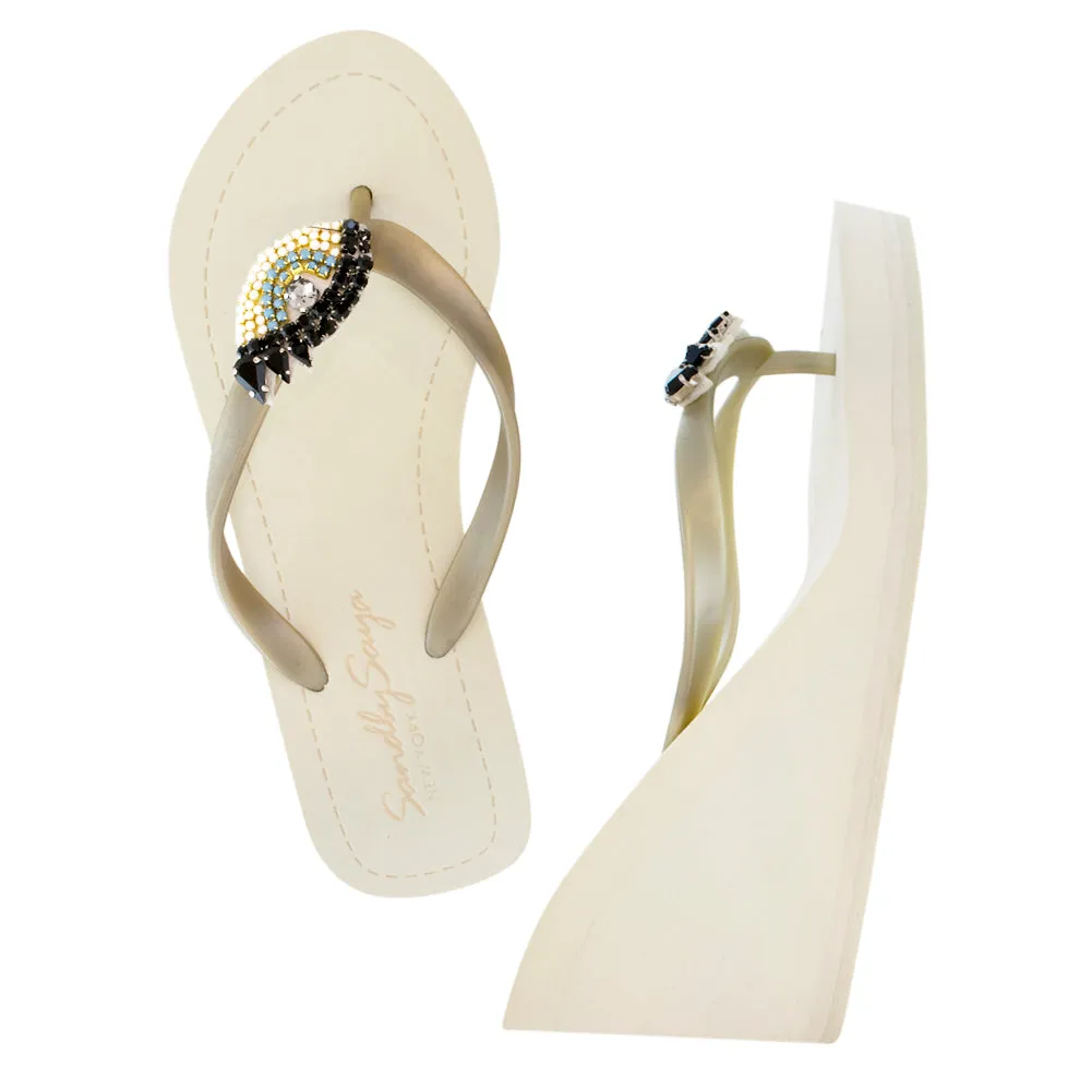 Eyes - Rhine Stone Embellished Women's High Wedge Flip Flops Sandal