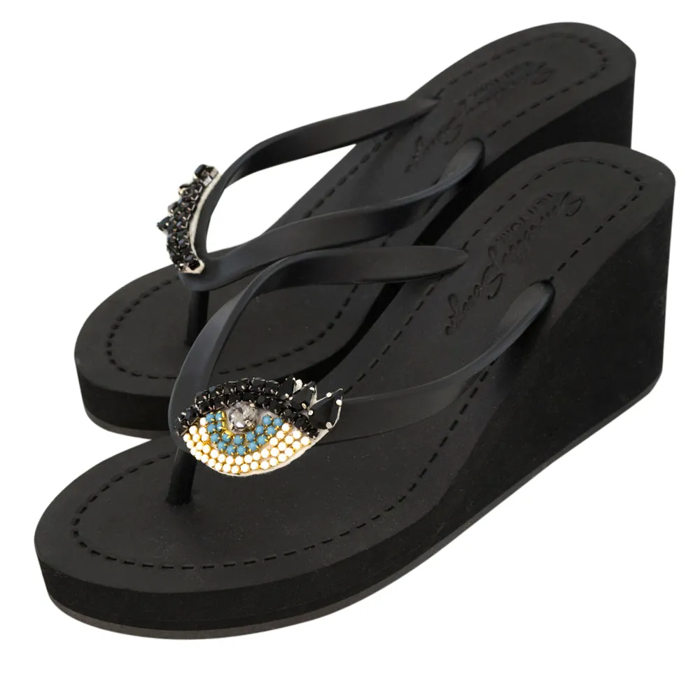 Eyes - Rhine Stone Embellished Women's High Wedge Flip Flops Sandal