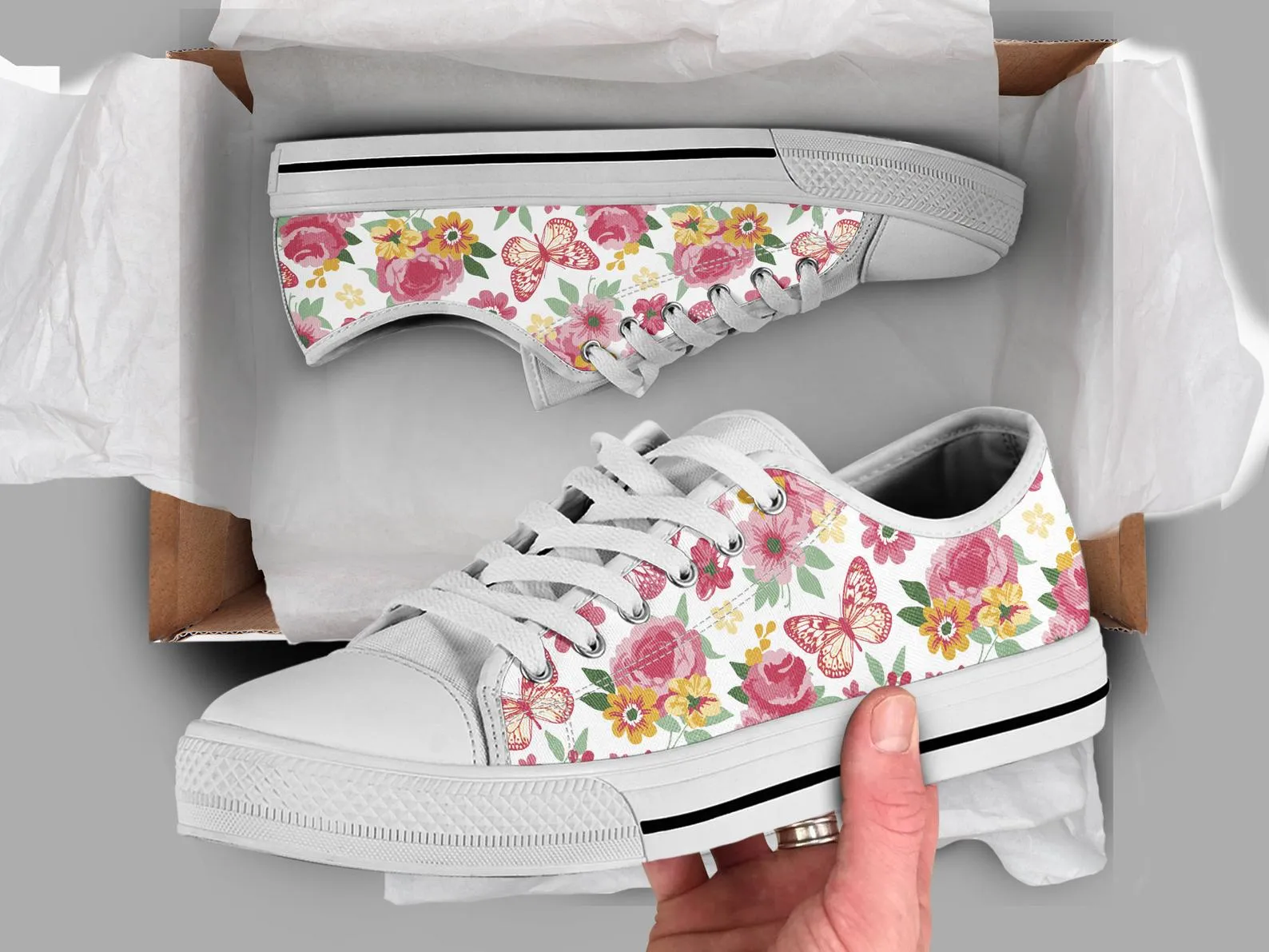 Floral Butterfly Shoes Butterfly Sneakers Cute Shoes Butterfly Lover Gifts Custom Low Top Converse Style Sneakers For Adults Women & Men