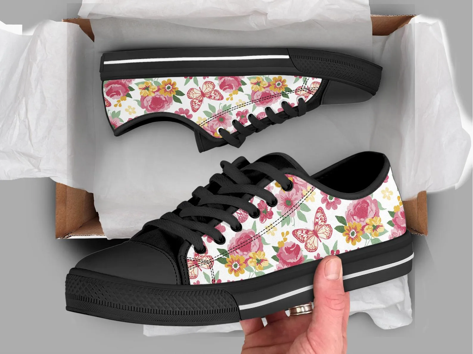 Floral Butterfly Shoes Butterfly Sneakers Cute Shoes Butterfly Lover Gifts Custom Low Top Converse Style Sneakers For Adults Women & Men