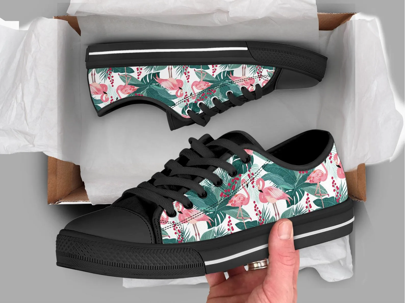 Floral Flamingo Shoes Flamingo Sneakers Flower Shoes Flamingo Lover Gifts Custom Low Top Converse Style Sneakers For Adults Women & Men