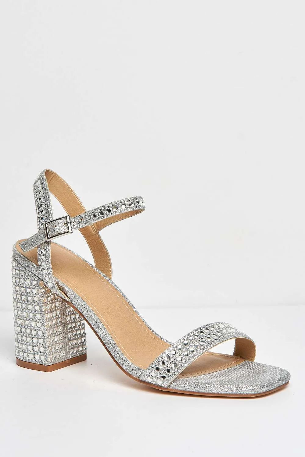 Garla Diamante Embellished Ankle Strap Heeled Sandals in Silver