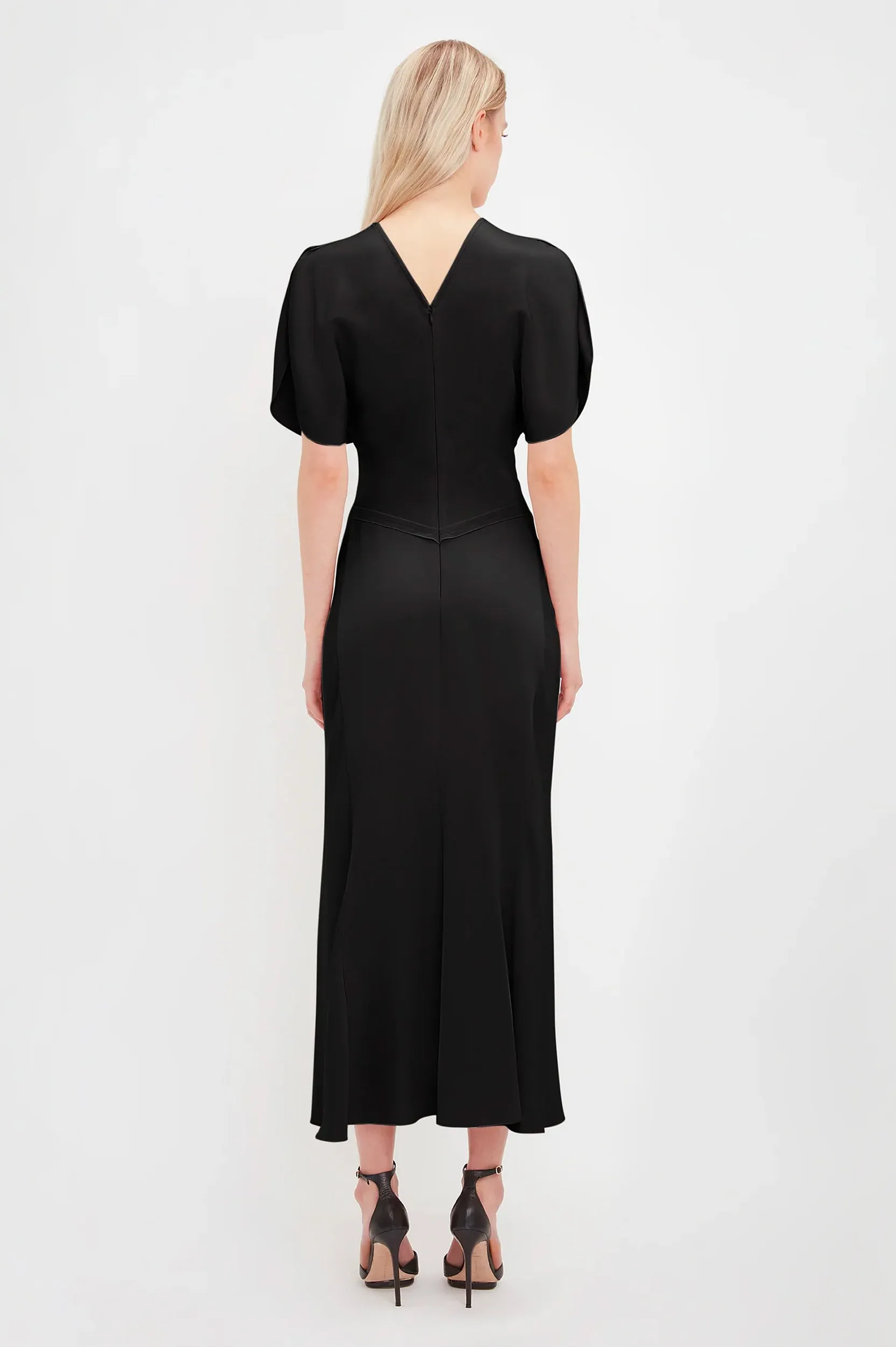 Gathered Waist Midi Dress in Black