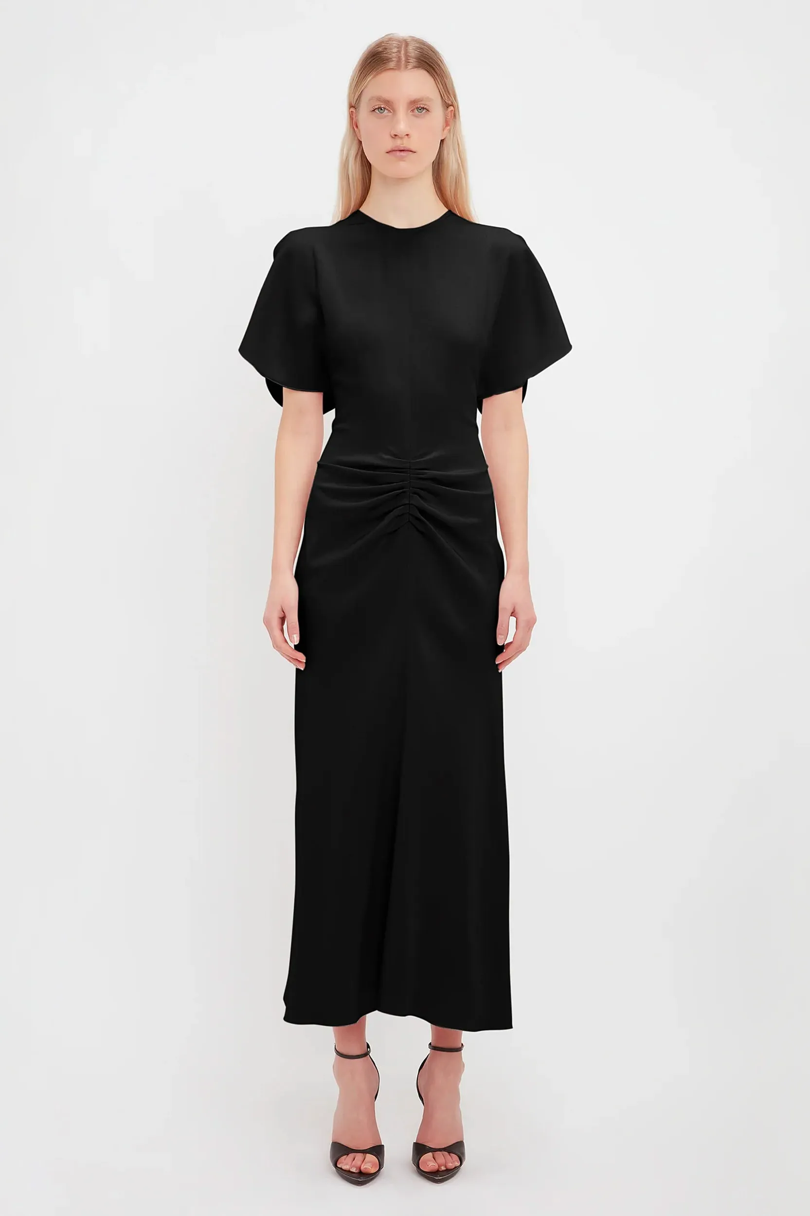 Gathered Waist Midi Dress in Black