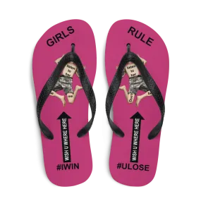 GIRLS RULE flip flops with CRUSHED TINY MAN underfoot magenta fabric NEW (2020-05-10)