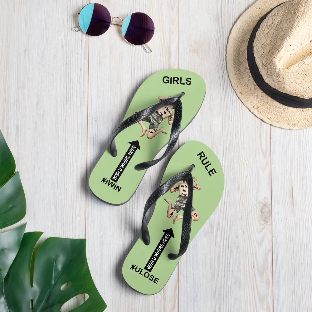 GIRLS RULE flip flops with CRUSHED TINY MAN underfoot pale green fabric NEW (2020-05-10)