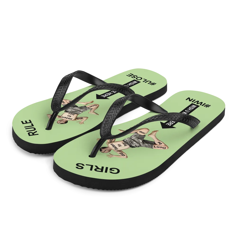 GIRLS RULE flip flops with CRUSHED TINY MAN underfoot pale green fabric NEW (2020-05-10)