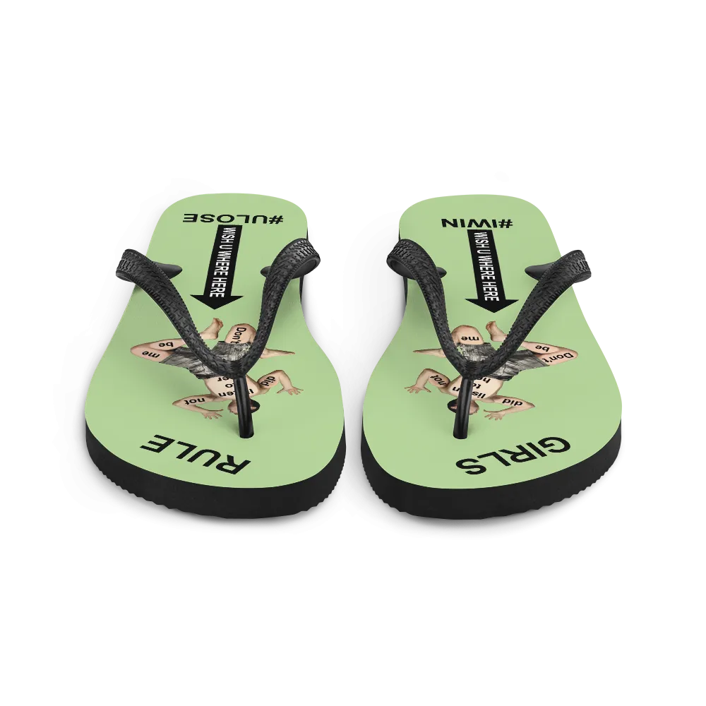 GIRLS RULE flip flops with CRUSHED TINY MAN underfoot pale green fabric NEW (2020-05-10)