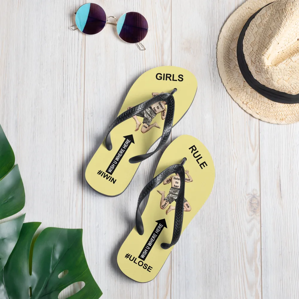 GIRLS RULE flip flops with CRUSHED TINY MAN underfoot pale yellow fabric NEW (2020-05-10)