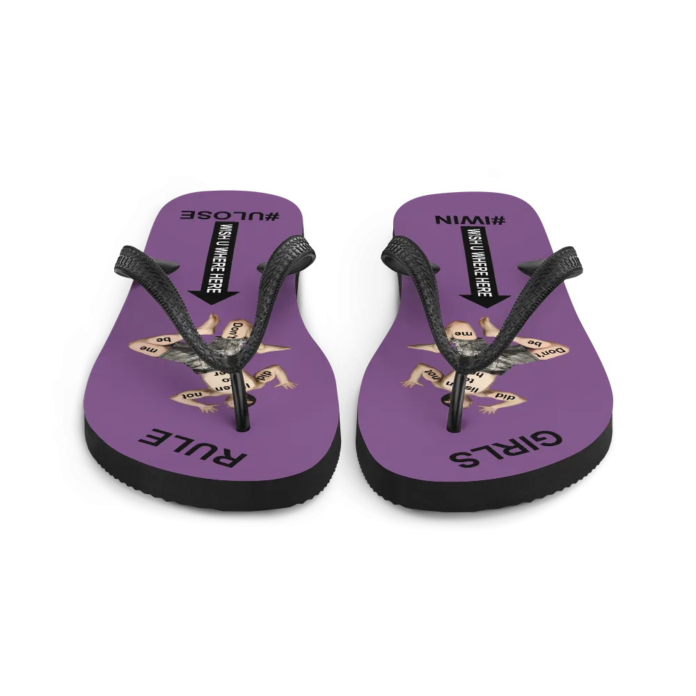 GIRLS RULE flip flops with CRUSHED TINY MAN underfoot purple fabric NEW (2020-05-10)