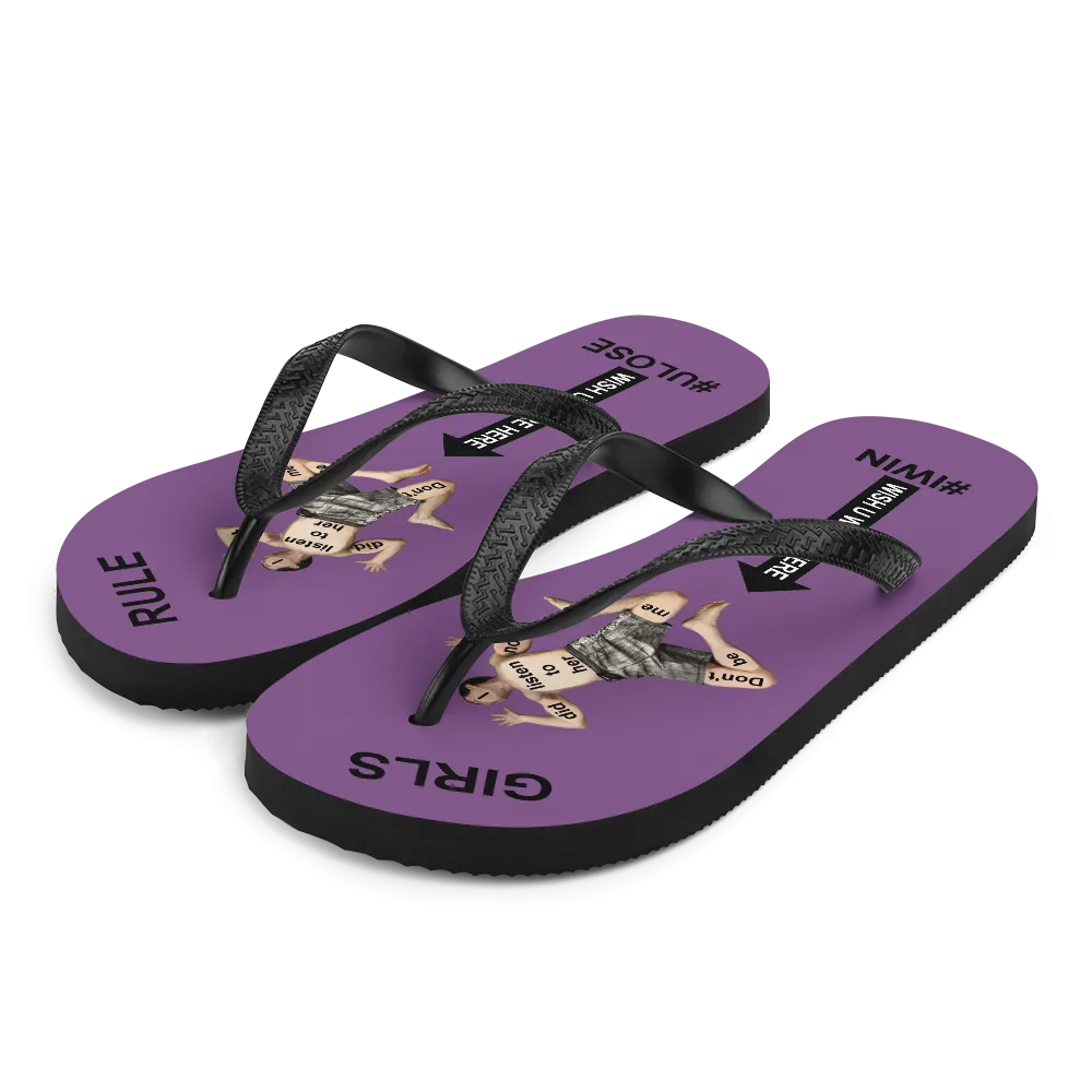 GIRLS RULE flip flops with CRUSHED TINY MAN underfoot purple fabric NEW (2020-05-10)