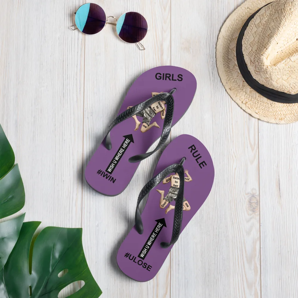 GIRLS RULE flip flops with CRUSHED TINY MAN underfoot purple fabric NEW (2020-05-10)