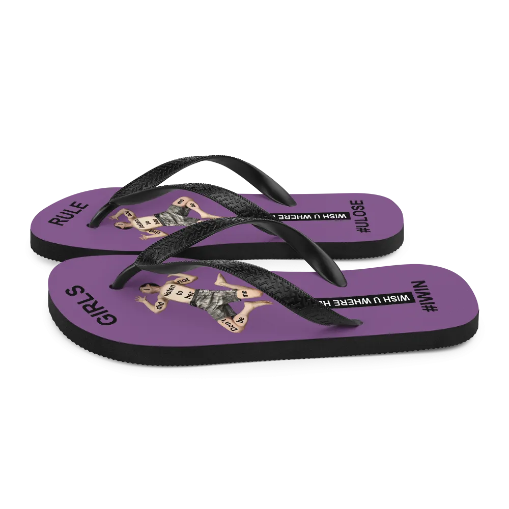 GIRLS RULE flip flops with CRUSHED TINY MAN underfoot purple fabric NEW (2020-05-10)