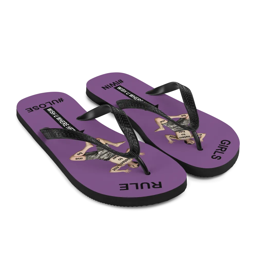 GIRLS RULE flip flops with CRUSHED TINY MAN underfoot purple fabric NEW (2020-05-10)