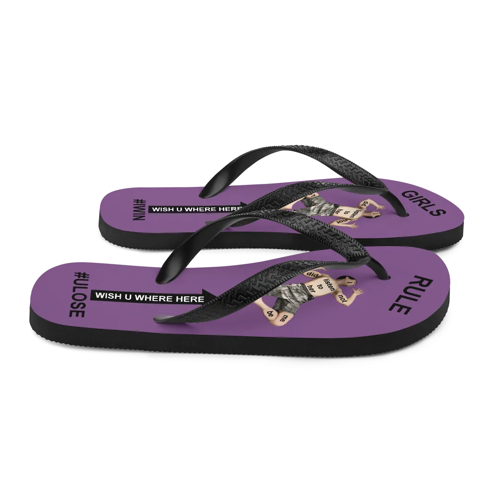 GIRLS RULE flip flops with CRUSHED TINY MAN underfoot purple fabric NEW (2020-05-10)