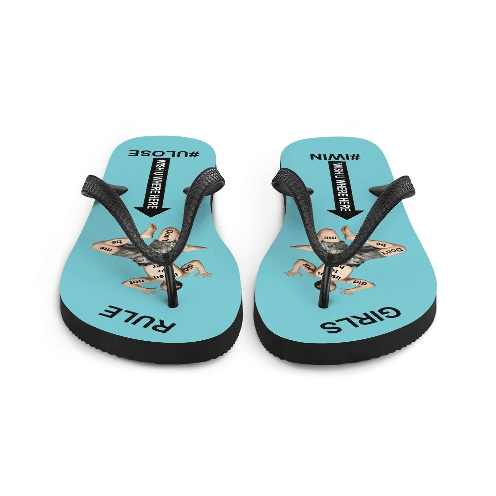 GIRLS RULE flip flops with CRUSHED TINY MAN underfoot robin egg blue fabric NEW (2020-05-10)