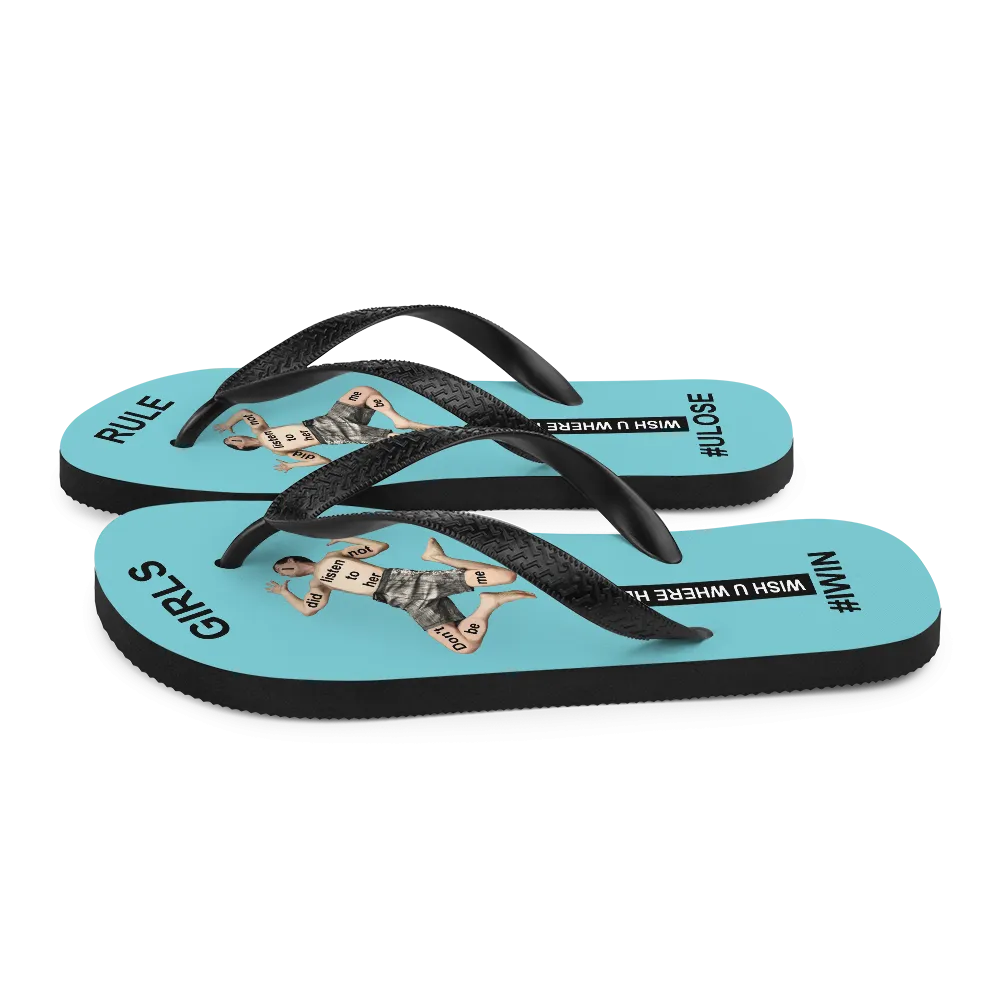 GIRLS RULE flip flops with CRUSHED TINY MAN underfoot robin egg blue fabric NEW (2020-05-10)