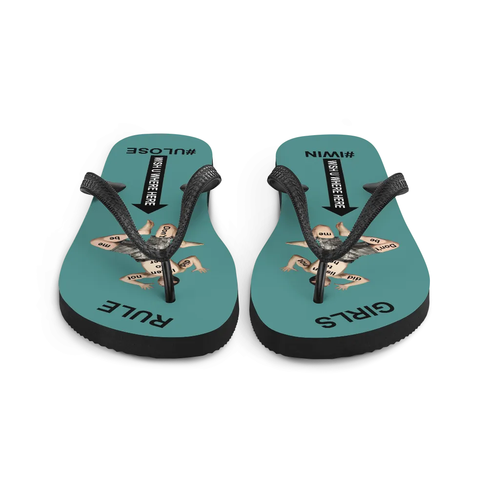 GIRLS RULE flip flops with CRUSHED TINY MAN underfoot teal fabric NEW (2020-05-10)