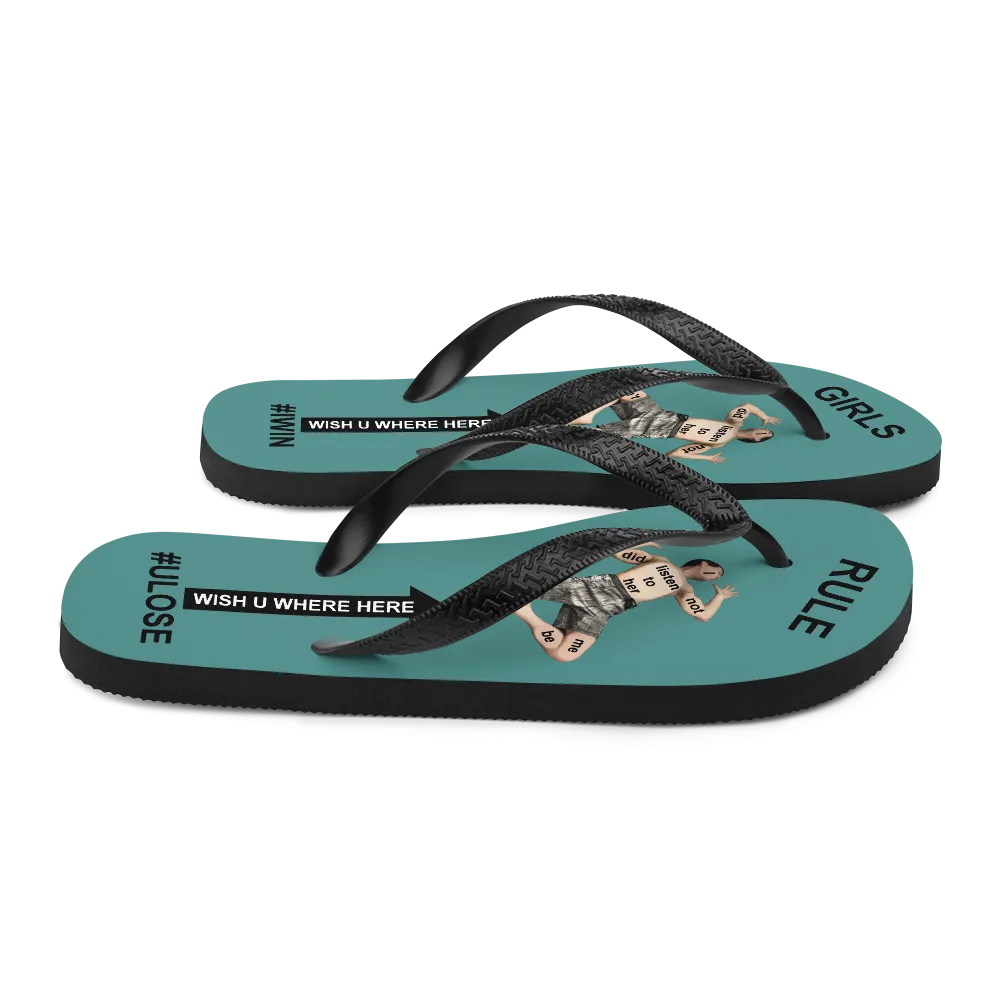 GIRLS RULE flip flops with CRUSHED TINY MAN underfoot teal fabric NEW (2020-05-10)