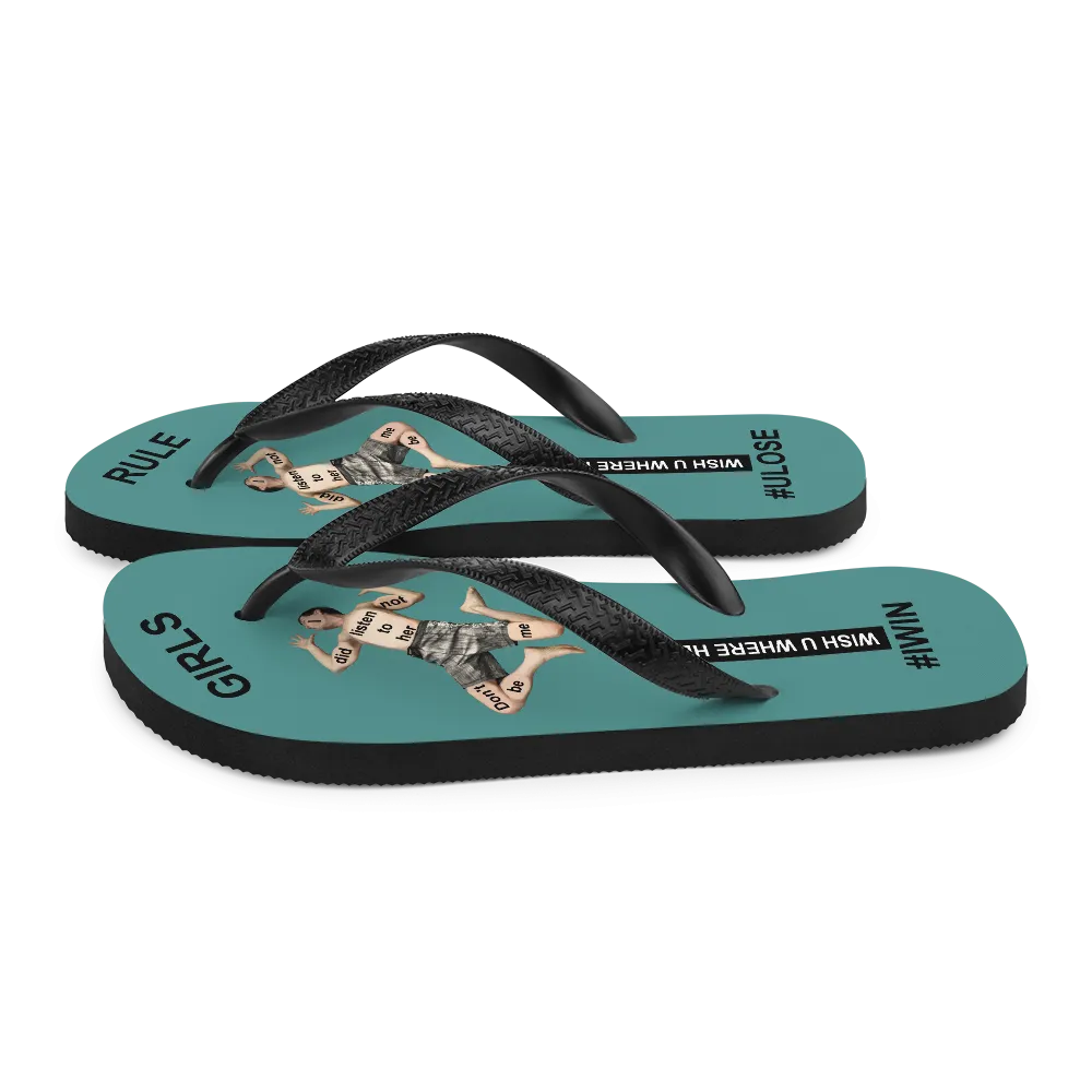 GIRLS RULE flip flops with CRUSHED TINY MAN underfoot teal fabric NEW (2020-05-10)