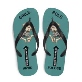 GIRLS RULE flip flops with CRUSHED TINY MAN underfoot teal fabric NEW (2020-05-10)