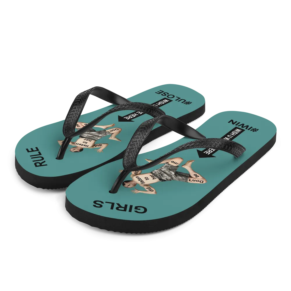 GIRLS RULE flip flops with CRUSHED TINY MAN underfoot teal fabric NEW (2020-05-10)