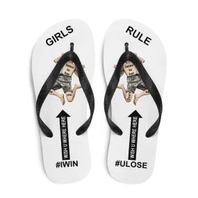 GIRLS RULE flip flops with CRUSHED TINY MAN underfoot white fabric NEW (2020-05-10)