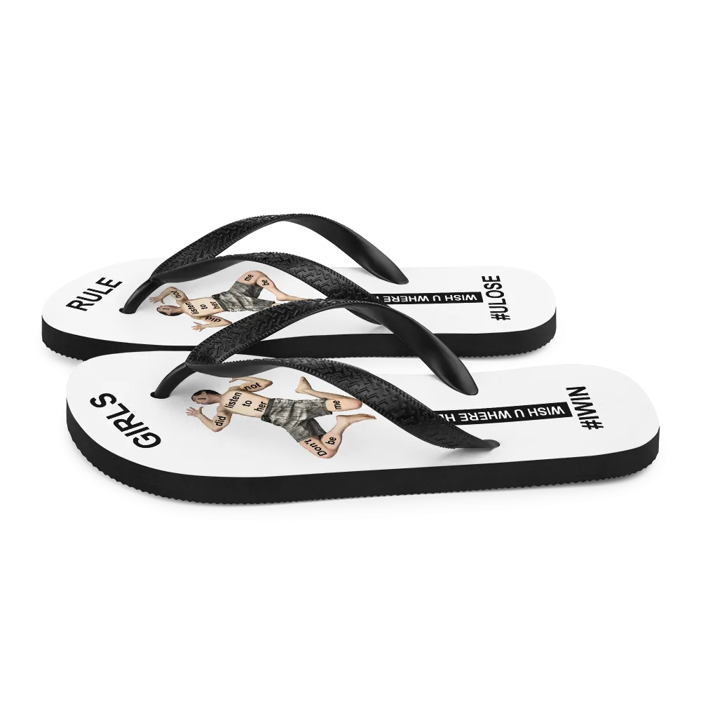 GIRLS RULE flip flops with CRUSHED TINY MAN underfoot white fabric NEW (2020-05-10)