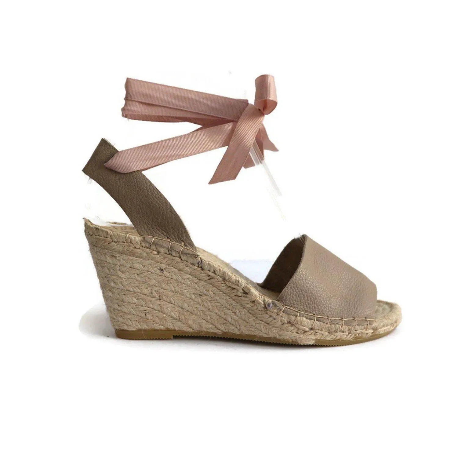 High Wedge Leather Espadrilles Sandals - Beige