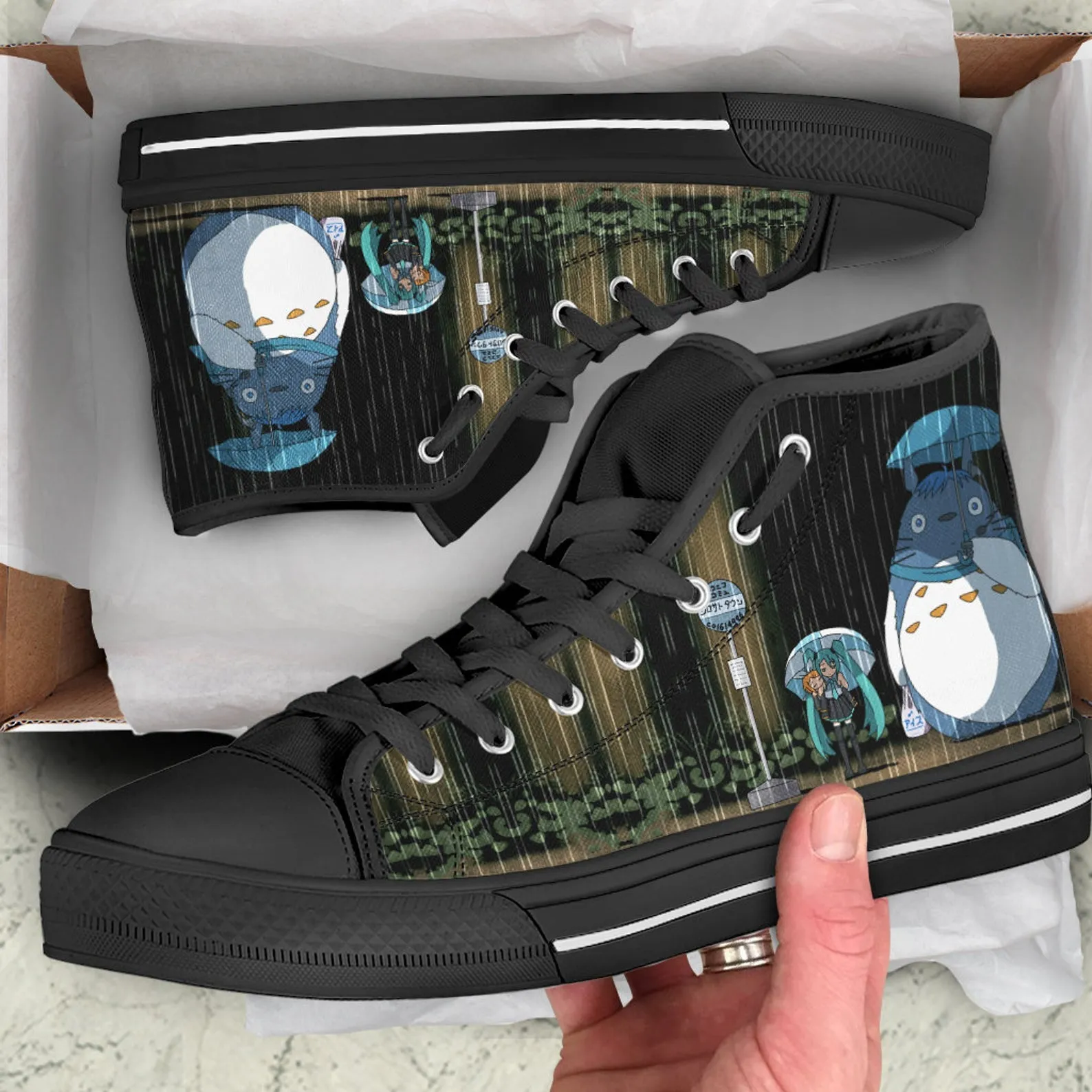 Miku And Totoro Shoes, Totoro Custom Shoes, My Neighbor Totoro Hightops, Anime Hi Tops, Hatsune Miku Shoes, Japanese Music Program