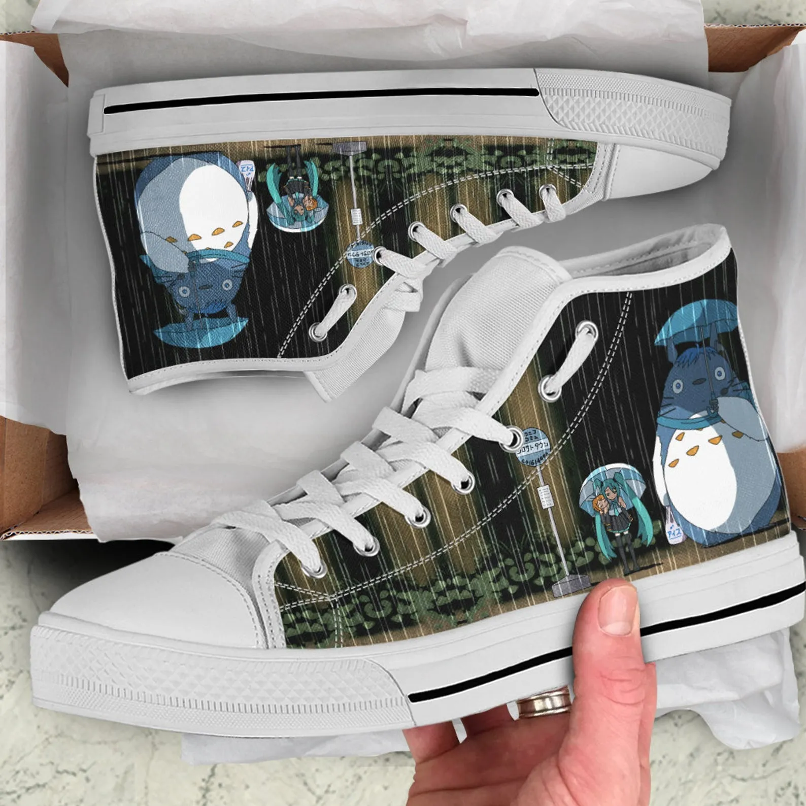 Miku And Totoro Shoes, Totoro Custom Shoes, My Neighbor Totoro Hightops, Anime Hi Tops, Hatsune Miku Shoes, Japanese Music Program