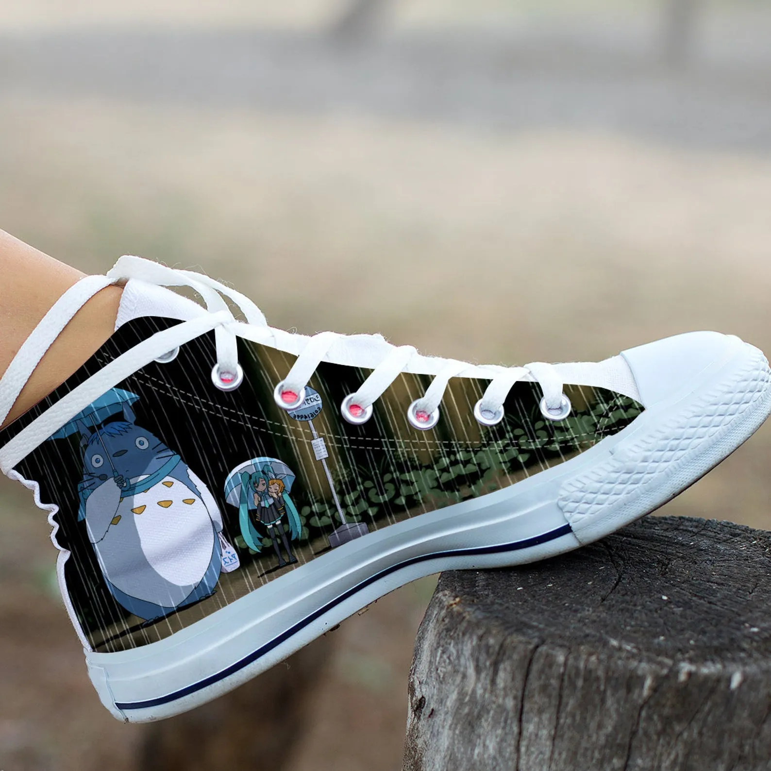 Miku And Totoro Shoes, Totoro Custom Shoes, My Neighbor Totoro Hightops, Anime Hi Tops, Hatsune Miku Shoes, Japanese Music Program