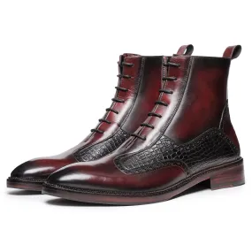 Plain Toe Lace up Boots with Zipper - Wine Red