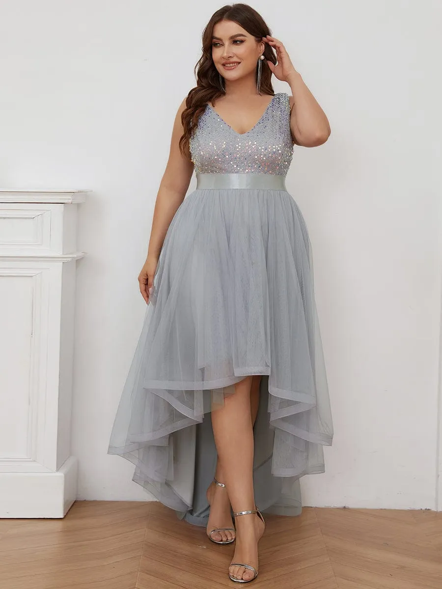 Plus Size Sleeveless Sequin Ribbon Waist Tulle High Low Evening Dress